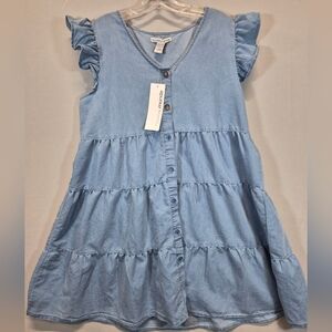 Nouveau Monde Women’s Large Light Blue Tiered Dress Ruffle Sleeve Button Front